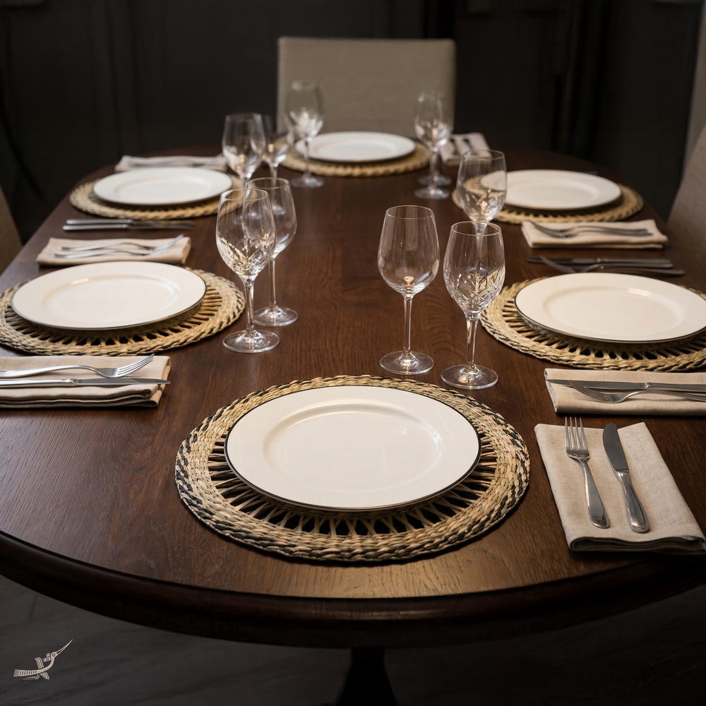 Couronne Alizée - Round placemat in seagrass with black trim – detail view – Handcrafted product, handmade · Kuênia