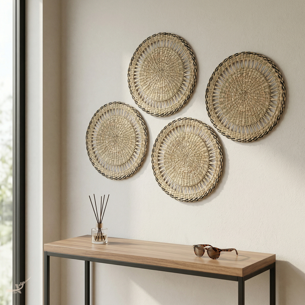 Couronne Alizée - Round placemat in seagrass with black trim – in-use view – Handcrafted product, handmade · Kuênia