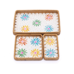 Printania - Set of 3 rectangular trays in handmade rattan and mother-of-pearl, multicolor floral pattern – view 2 – Handcrafted product, handmade · Kuênia