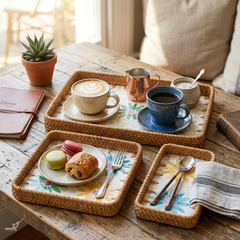 Printania - Set of 3 rectangular trays in handmade rattan and mother-of-pearl, multicolor floral pattern – staged view – Handcrafted product, handmade · Kuênia