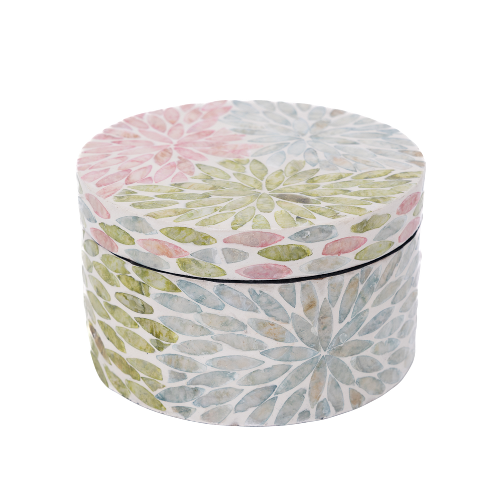Le Jardin Secret - Round decorative box in mother-of-pearl, pastel floral pattern on transparent background – Handcrafted product, handmade · Kuênia