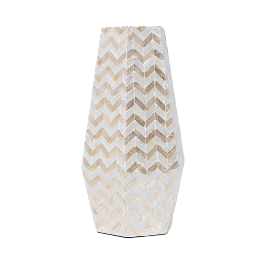 Prisma Alto - Vase haut prismatique en marqueterie de nacre, motif chevrons dorés sur fond transparent – Produit artisanal fait à la main · Kuênia