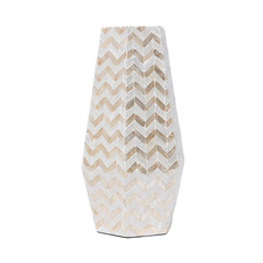 Prisma Alto - Tall prismatic vase in mother-of-pearl marquetry, golden chevron pattern on transparent background – Handcrafted product, handmade · Kuênia