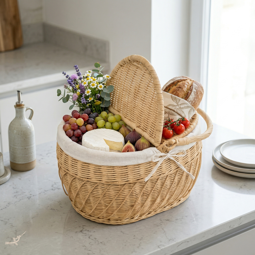 Kaigio - Panier pique-nique en rotin tressé main – vue d'usage – Produit artisanal fait à la main · Kuênia