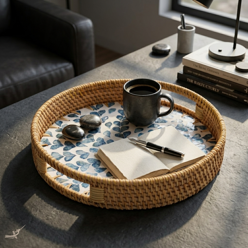 Volubia - Plateau rond en rotin et nacre fait main, motif feuillage volubile – vue d'usage – Produit artisanal fait à la main · Kuênia
