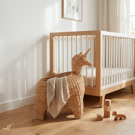 Panier de rangement licorne en rotin naturel dans une chambre d’enfant lumineuse