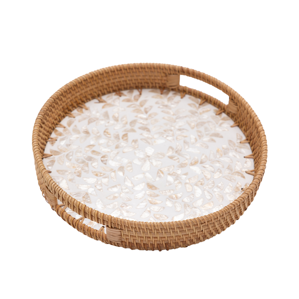 Opalia - Round tray in handmade rattan and mother-of-pearl on transparent background – Handcrafted product, handmade · Kuênia