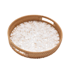 Opalia - Round tray in handmade rattan and mother-of-pearl on transparent background – Handcrafted product, handmade · Kuênia