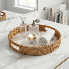 Opalia - Round tray in handmade rattan and mother-of-pearl – staged view – Handcrafted product, handmade · Kuênia