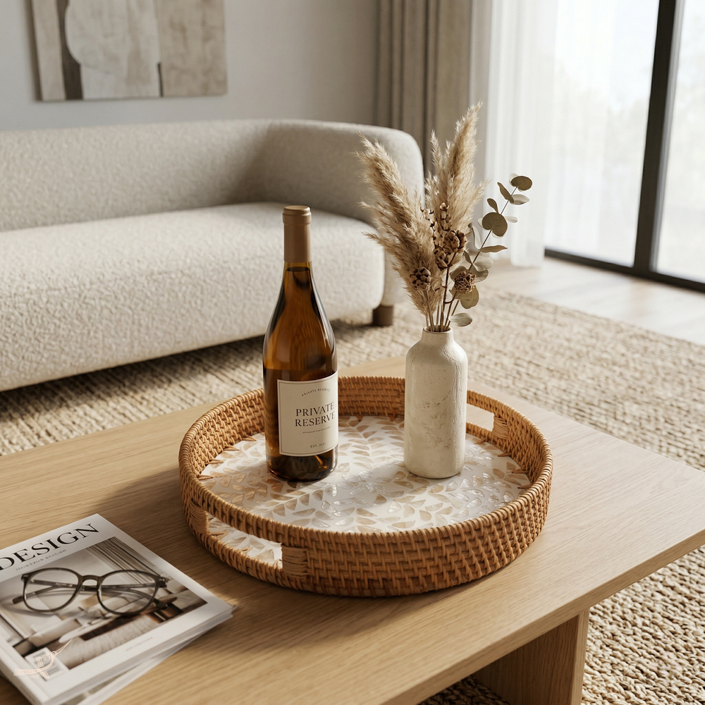 Opalia - Round tray in handmade rattan and mother-of-pearl – in-use view – Handcrafted product, handmade · Kuênia