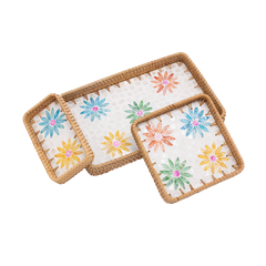 Printania - Set of 3 rectangular trays in handmade rattan and mother-of-pearl, multicolor floral pattern on transparent background – Handcrafted product, handmade · Kuênia
