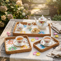 Printania - Set of 3 rectangular trays in handmade rattan and mother-of-pearl, multicolor floral pattern – detail view – Handcrafted product, handmade · Kuênia