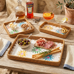 Printania - Set of 3 rectangular trays in handmade rattan and mother-of-pearl, multicolor floral pattern – in-use view – Handcrafted product, handmade · Kuênia