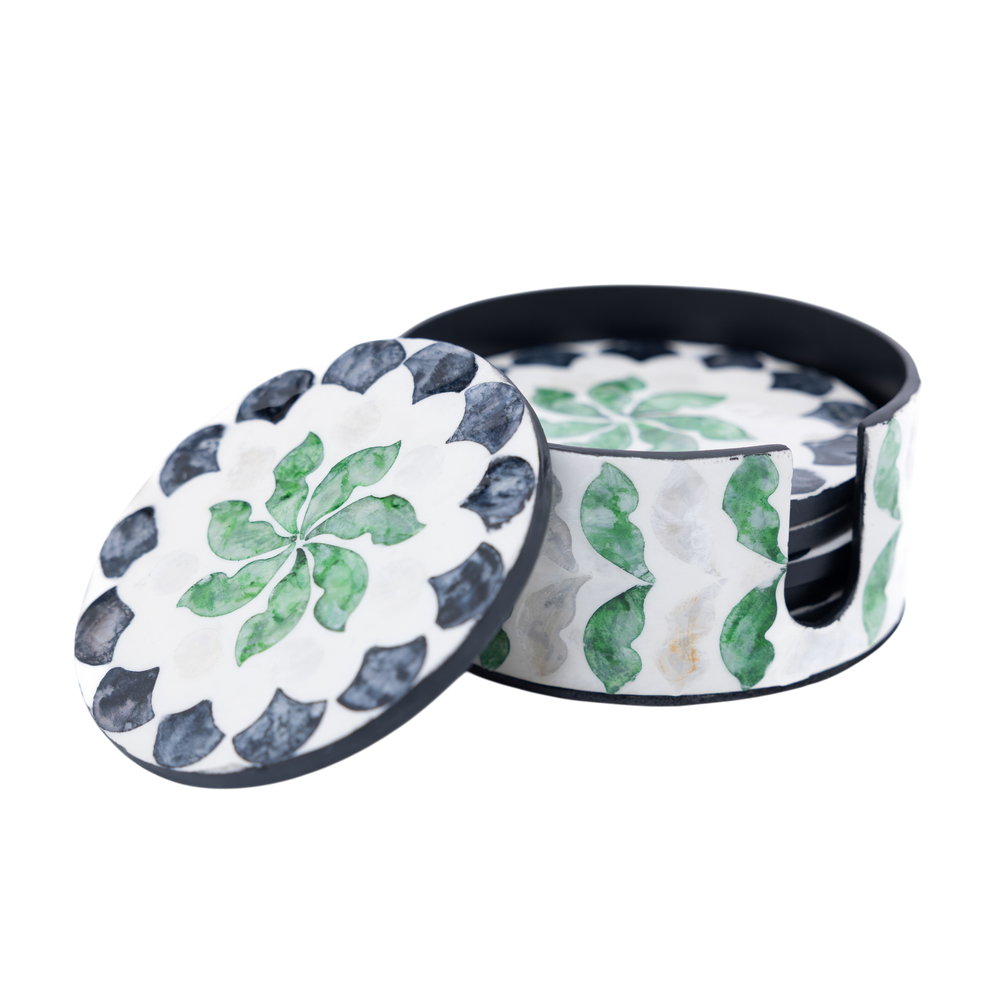 Éclosion de Jade - Boxed set of 6 coasters all mother-of-pearl, green and black botanical pattern on transparent background – Handcrafted product, handmade · Kuênia