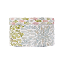 Le Jardin Secret - Round decorative box in mother-of-pearl, pastel floral pattern – view 2 – Handcrafted product, handmade · Kuênia