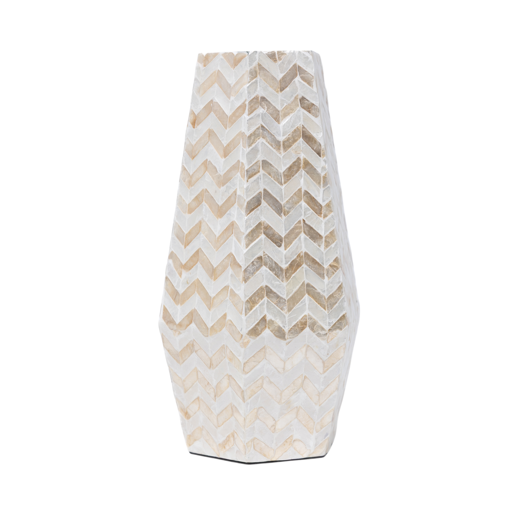 Prisma Alto - Tall prismatic vase in mother-of-pearl marquetry, golden chevron pattern on transparent background – Handcrafted product, handmade · Kuênia