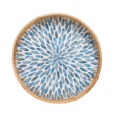 Mandalia - Round tray in handmade rattan and mother-of-pearl, blue mandala pattern – view 2 – Handcrafted product, handmade · Kuênia