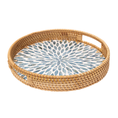 Mandalia - Round tray in handmade rattan and mother-of-pearl, blue mandala pattern on transparent background – Handcrafted product, handmade · Kuênia