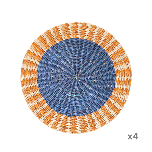 Anneau Doré - Set de table rond en jonc de mer tressé, motif bleu et orangé sur fond transparent – Produit artisanal fait à la main · Kuênia