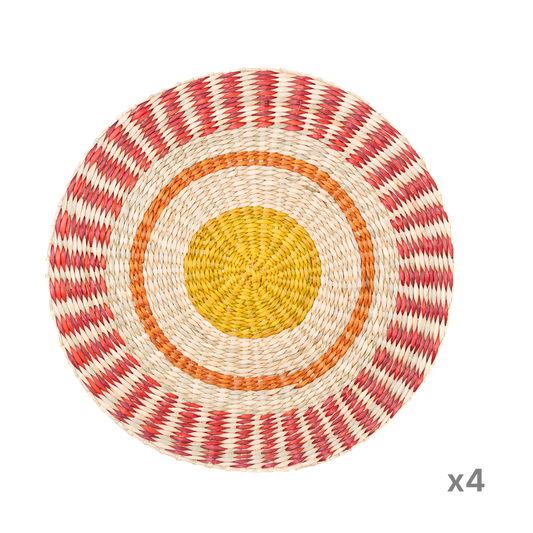 Étoile Flamboyante - Set de table rond en jonc de mer tressé, motif soleil sur fond transparent – Produit artisanal fait à la main · Kuênia