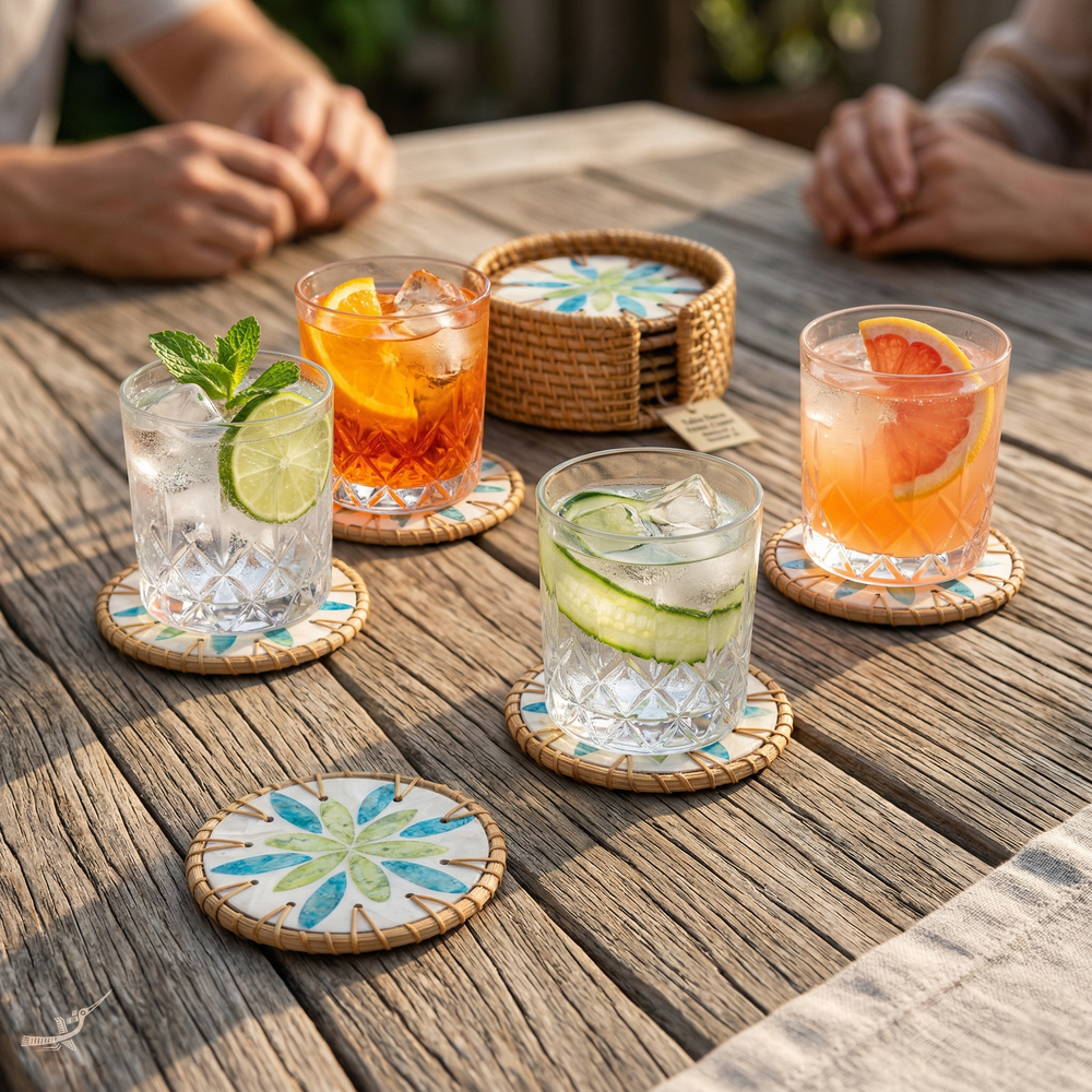 Valse de Nymphéa - Coffret de 6 sous-verres en rotin et nacre, motif végétal bleu et vert – mise en scène – Produit artisanal fait à la main · Kuênia