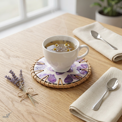 Souffle de Violette - Coffret de 6 sous-verres en rotin et nacre, motif floral violet – vue de détail – Produit artisanal fait à la main · Kuênia