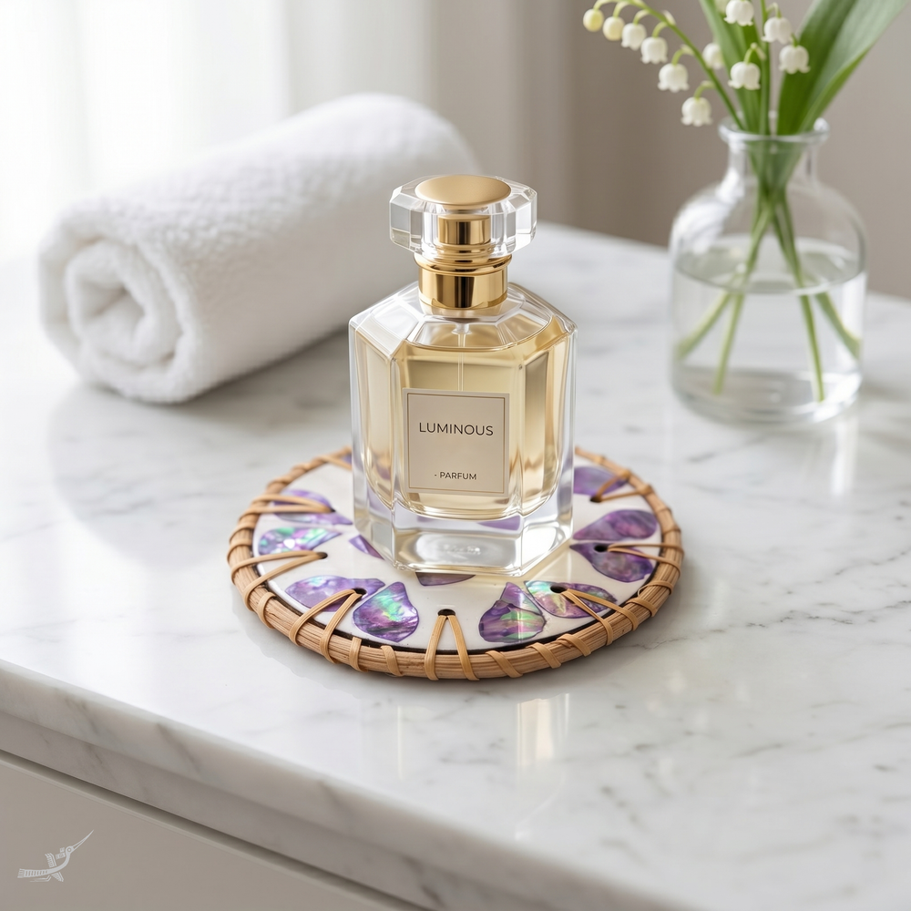 Souffle de Violette - Coffret de 6 sous-verres en rotin et nacre, motif floral violet – vue d'usage – Produit artisanal fait à la main · Kuênia