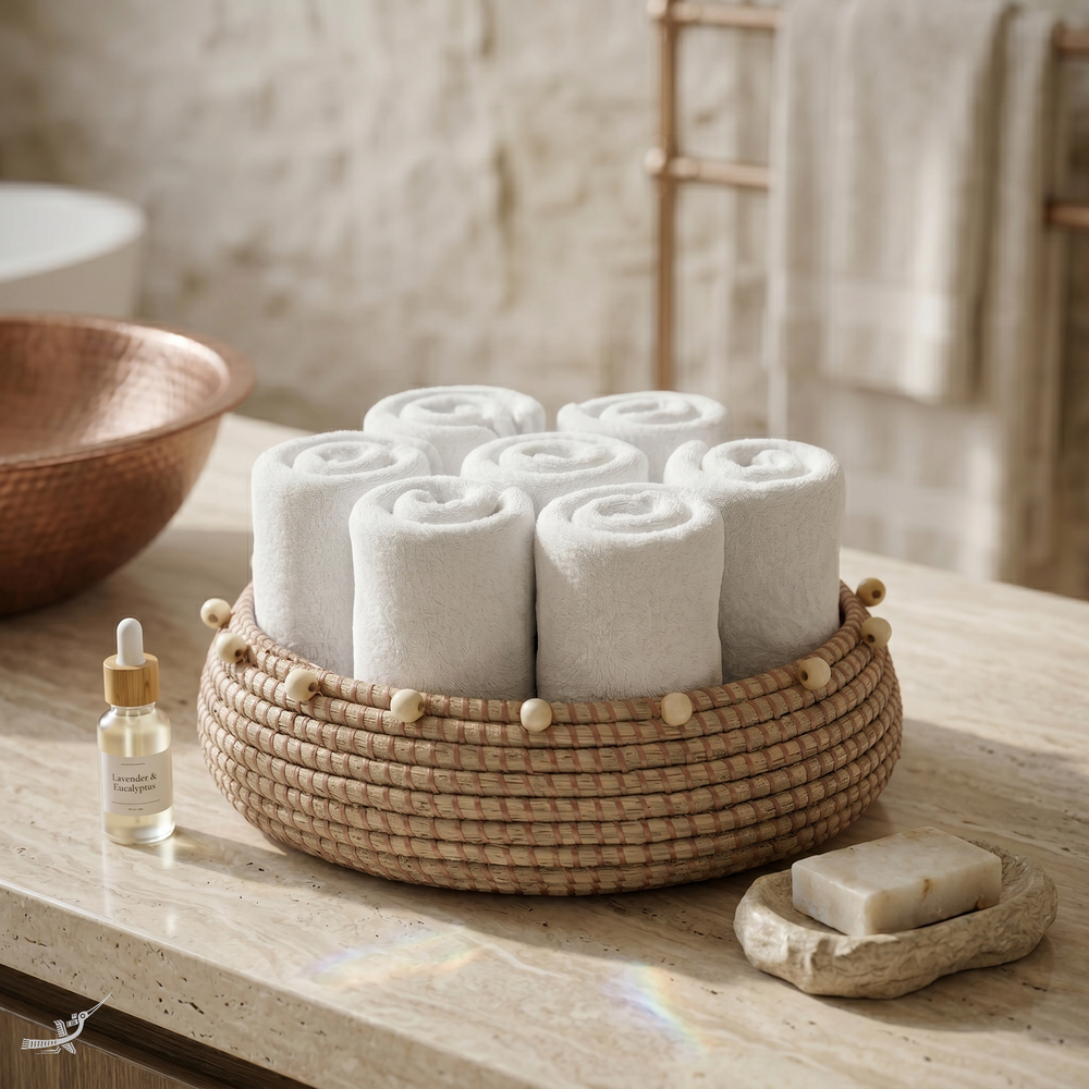 Tronto – Large round basket in handwoven seagrass – staged view – Handcrafted product, handmade · Kuênia