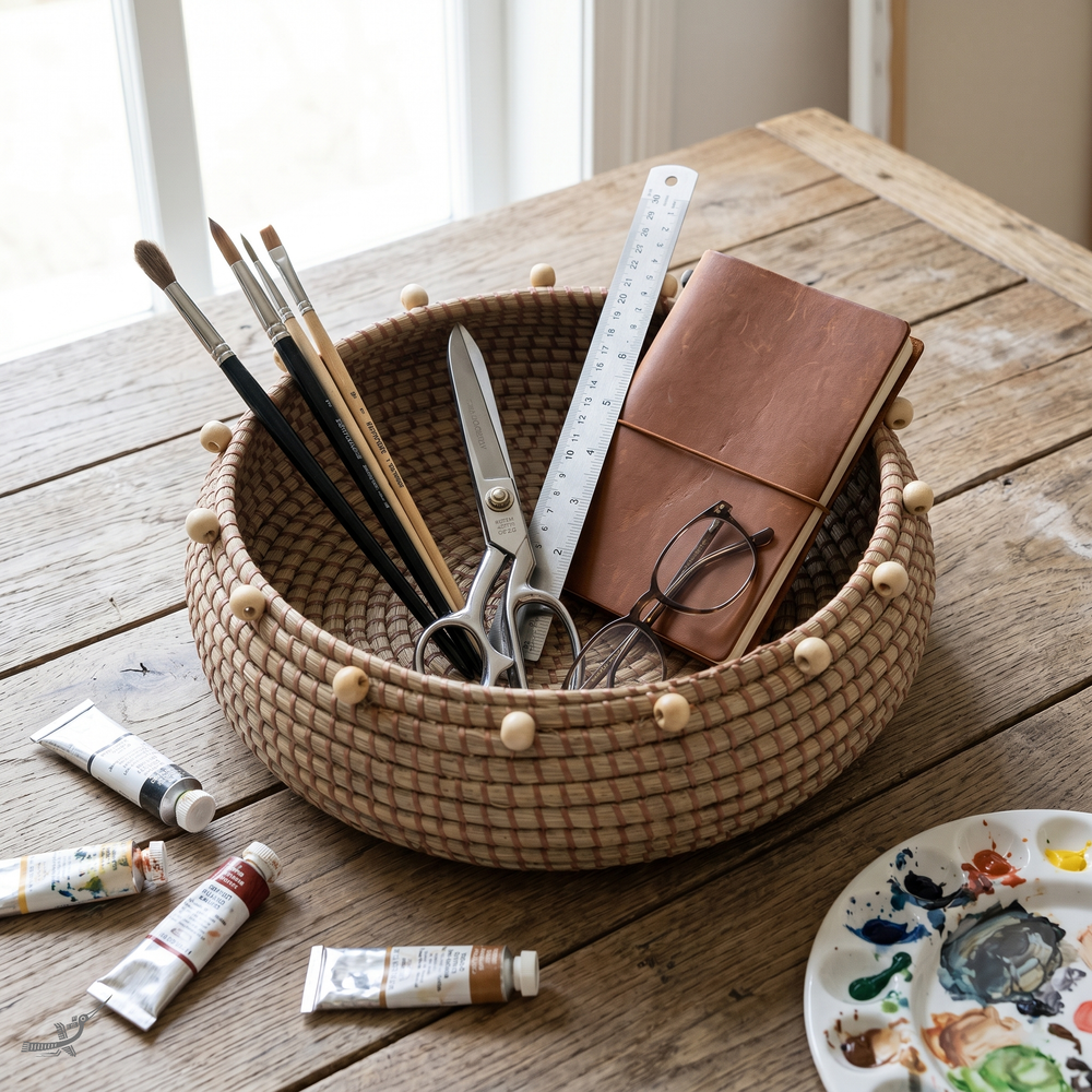 Tronto – Large round basket in handwoven seagrass – in-use view – Handcrafted product, handmade · Kuênia